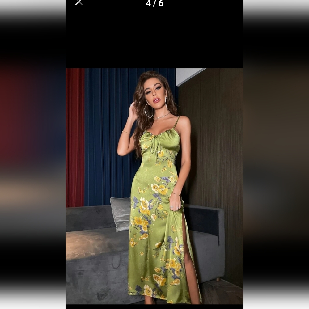 Green yellow floral print satin dress